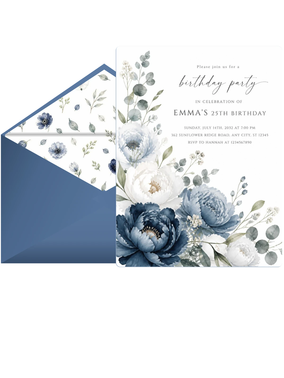 Navy Florals Dusty Blue 25th Birthday Invitation