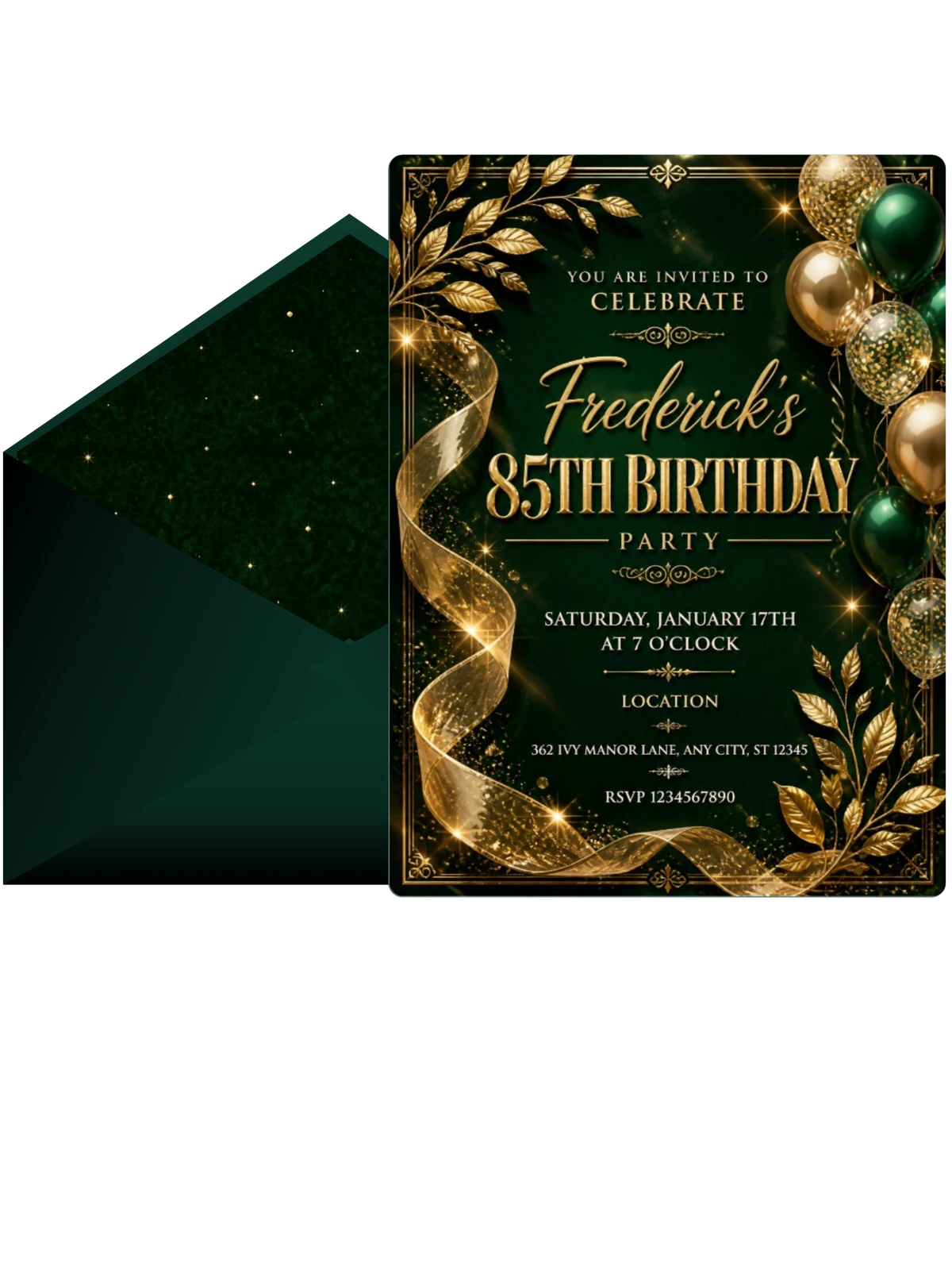 Emerald and Champagne 85th Birthday Invitation