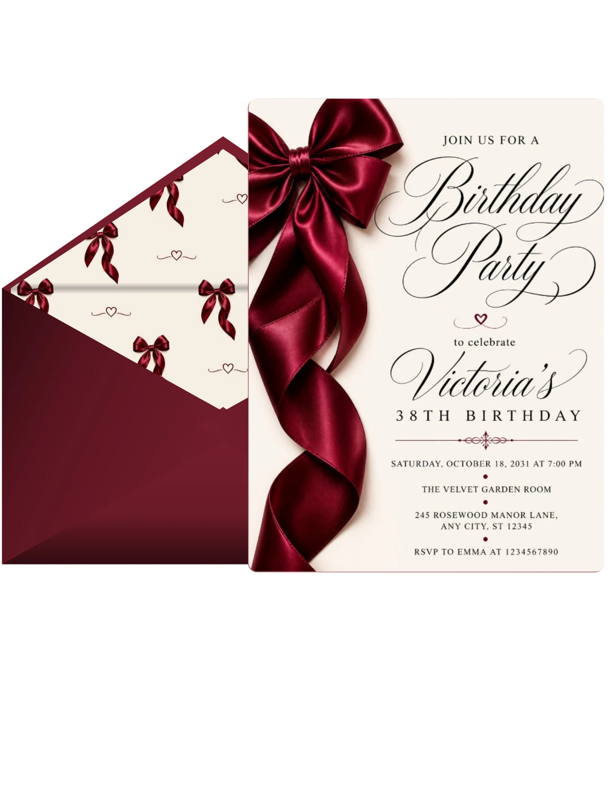 Burgundy Satin Bow 38th Birthday Invitation