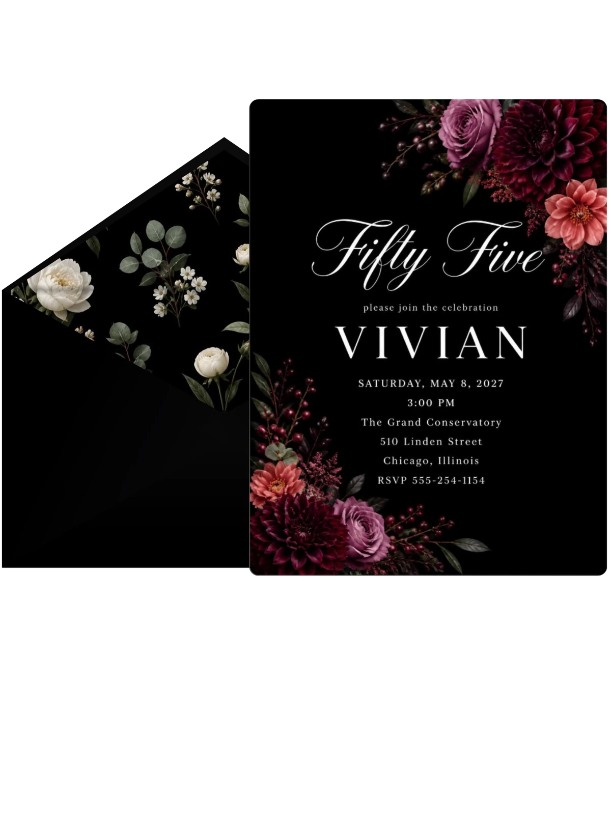 Black Floral 55th Birthday Invitation