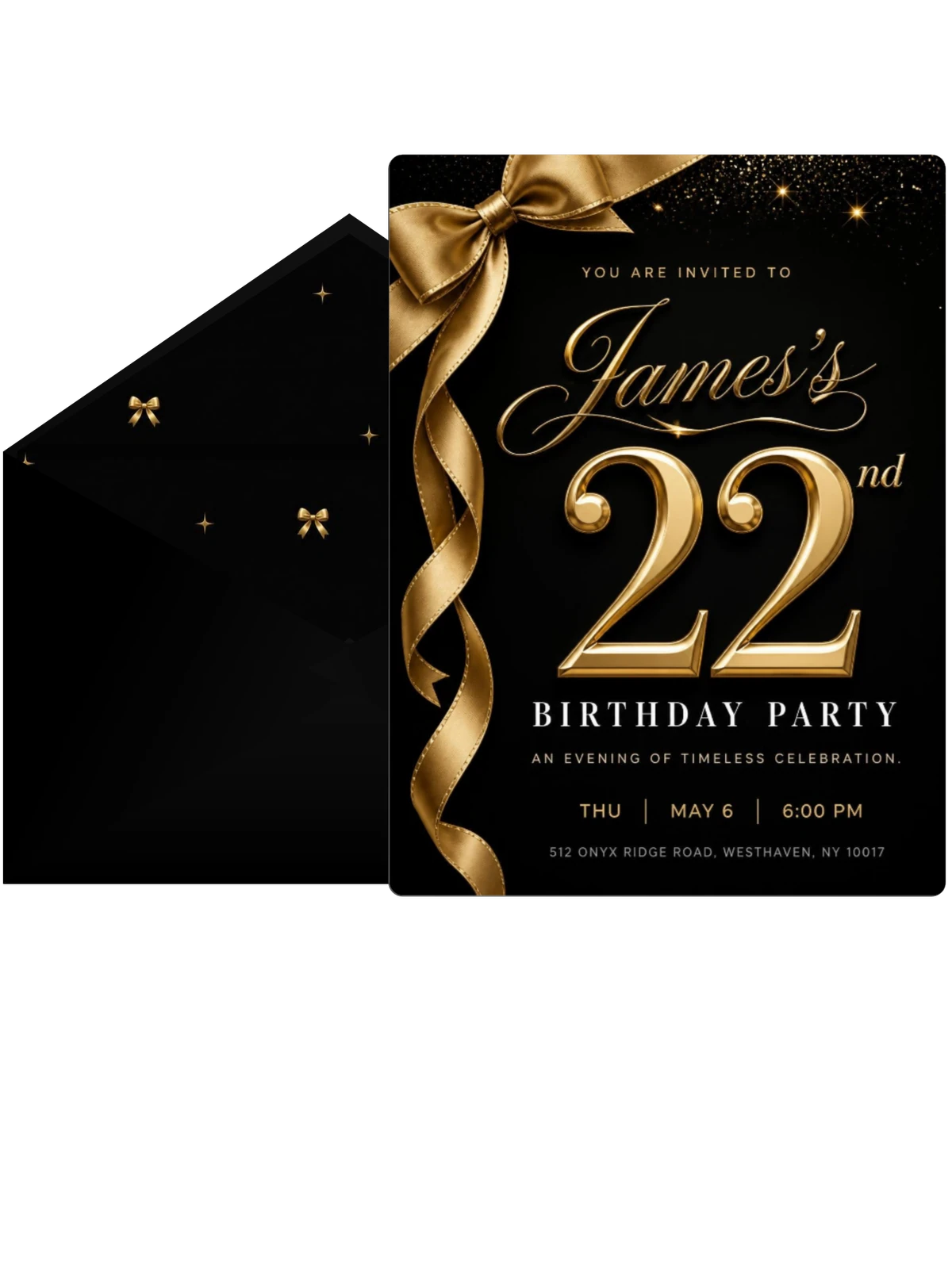 Black and Gold Ribbon 22nd Birthday Invitation