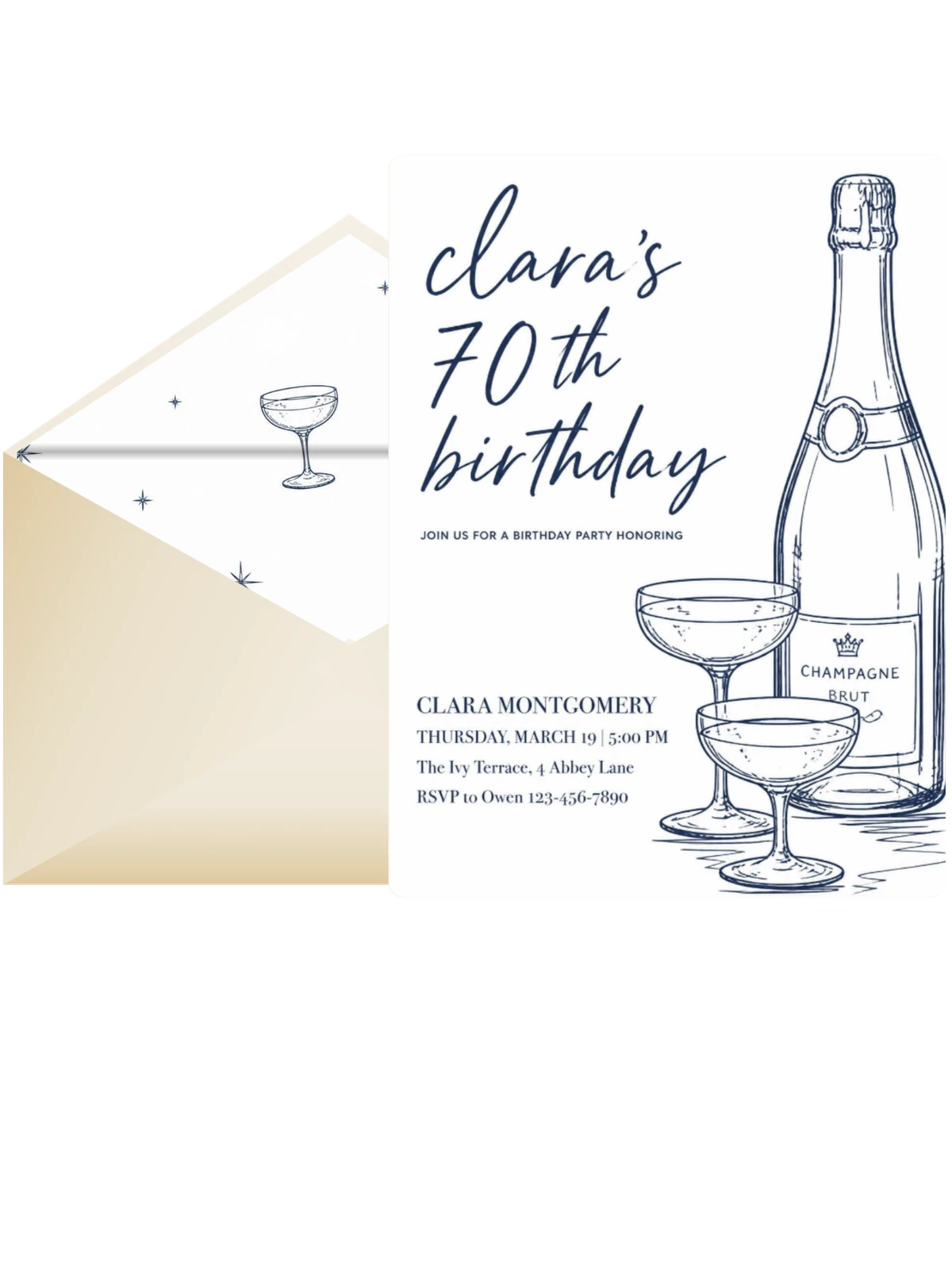 Navy Ink Champagne 70th Birthday