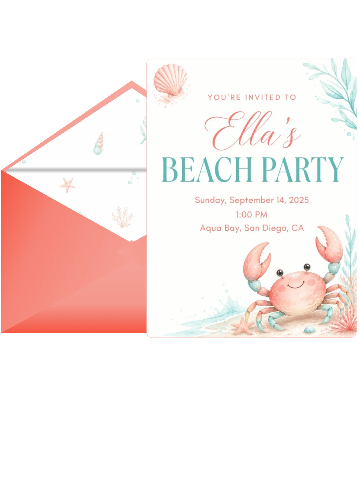 Watercolor Crab Beach Party Invitation