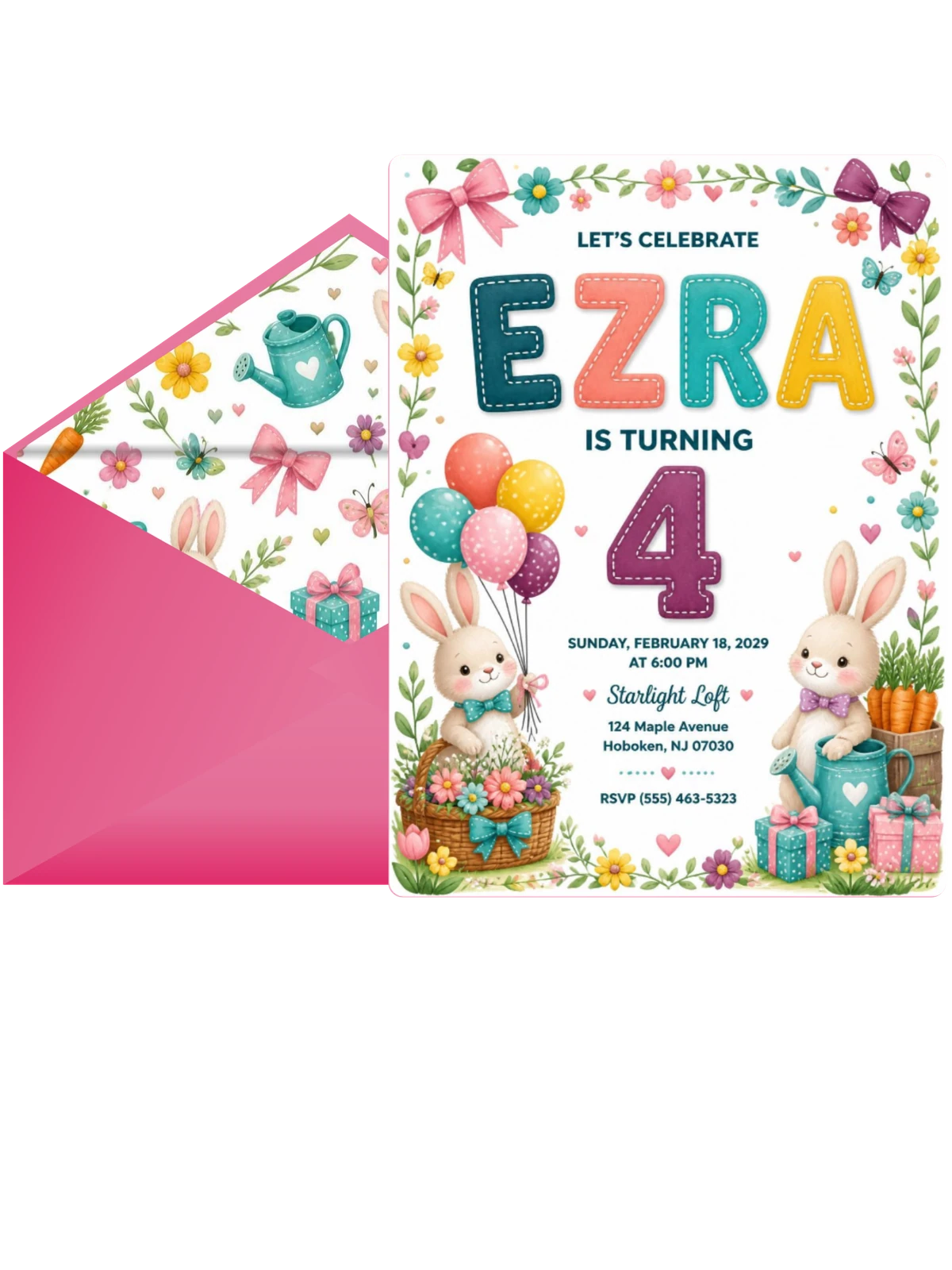 Stitched Bunny Garden 4th Birthday Invitation