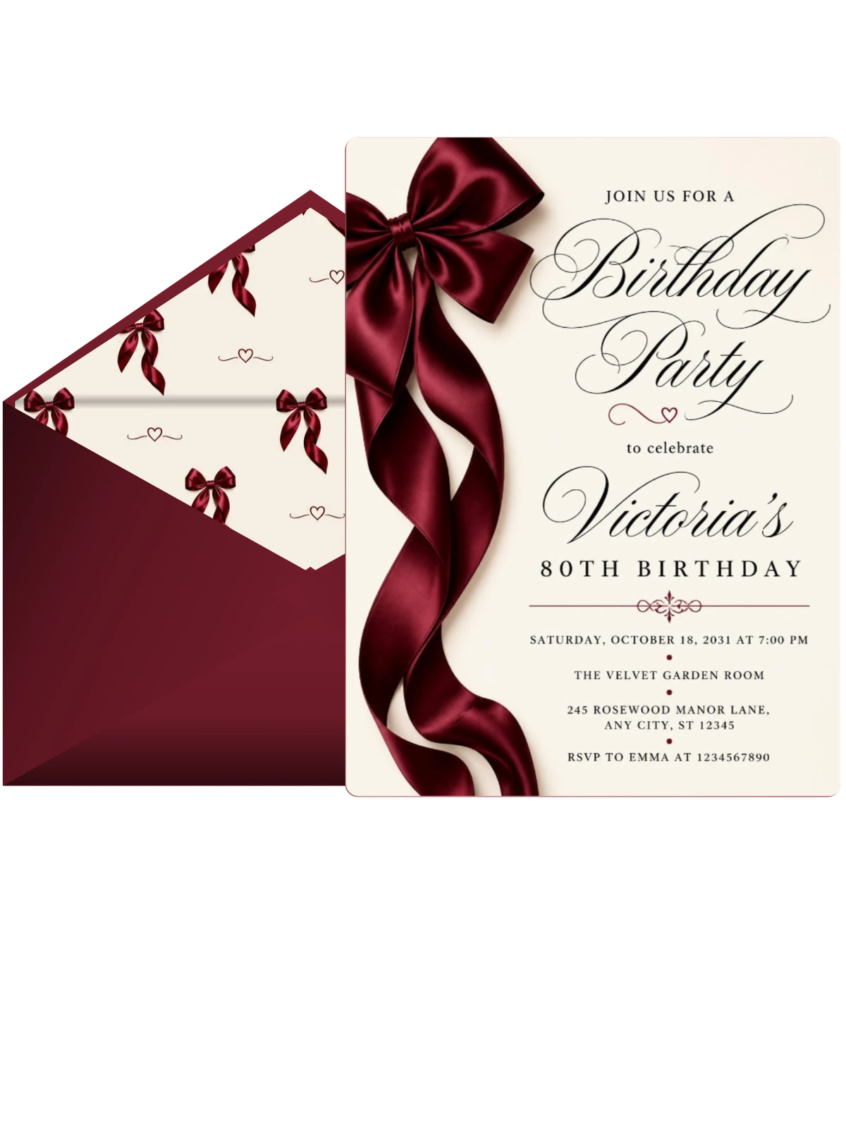 Burgundy Satin Bow 80th Birthday Invitation