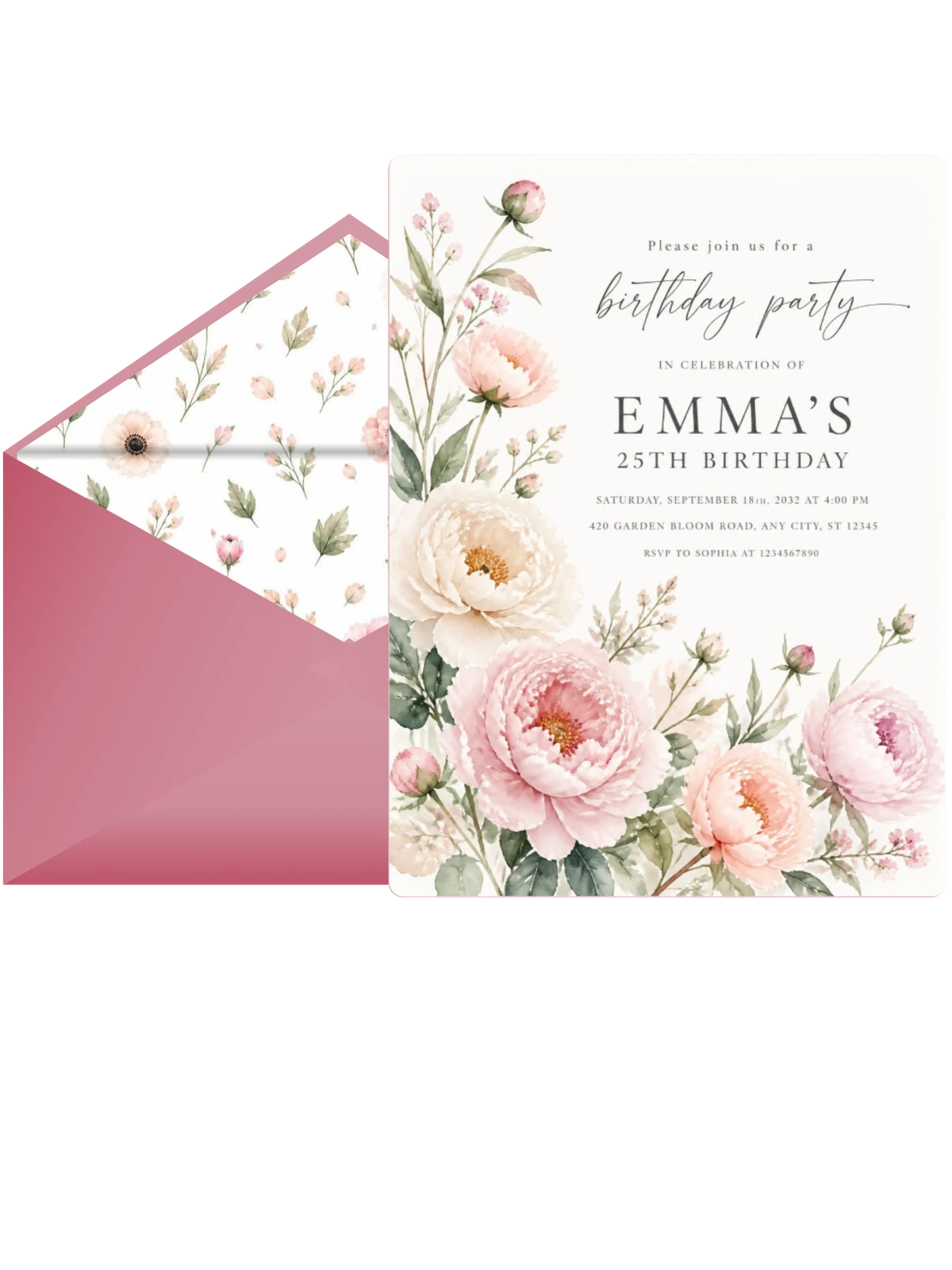 Peonies Greenery Blush 25th Birthday Invitation