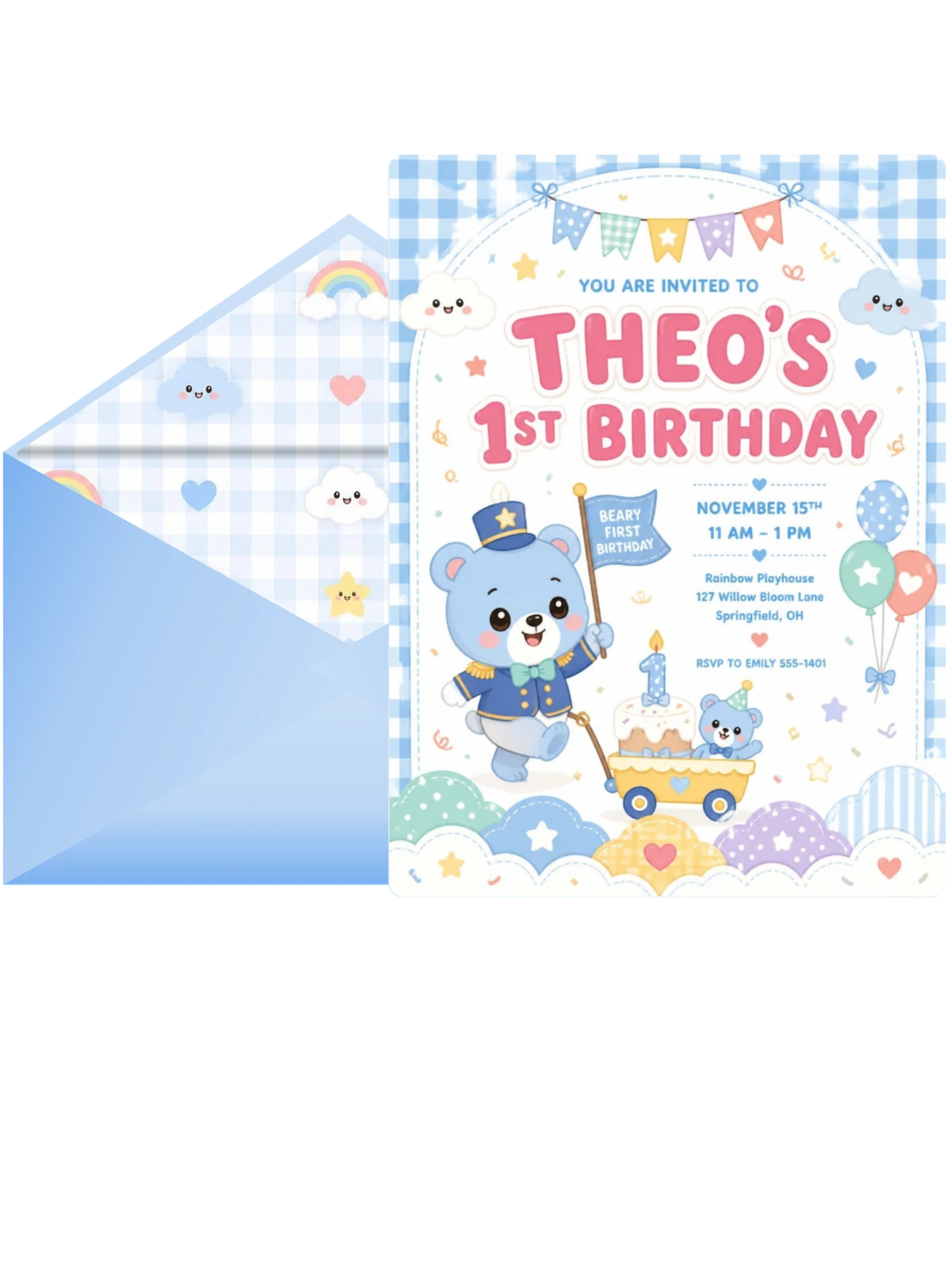 Toy Wagon Kawaii Pastel 1st Birthday Invitation