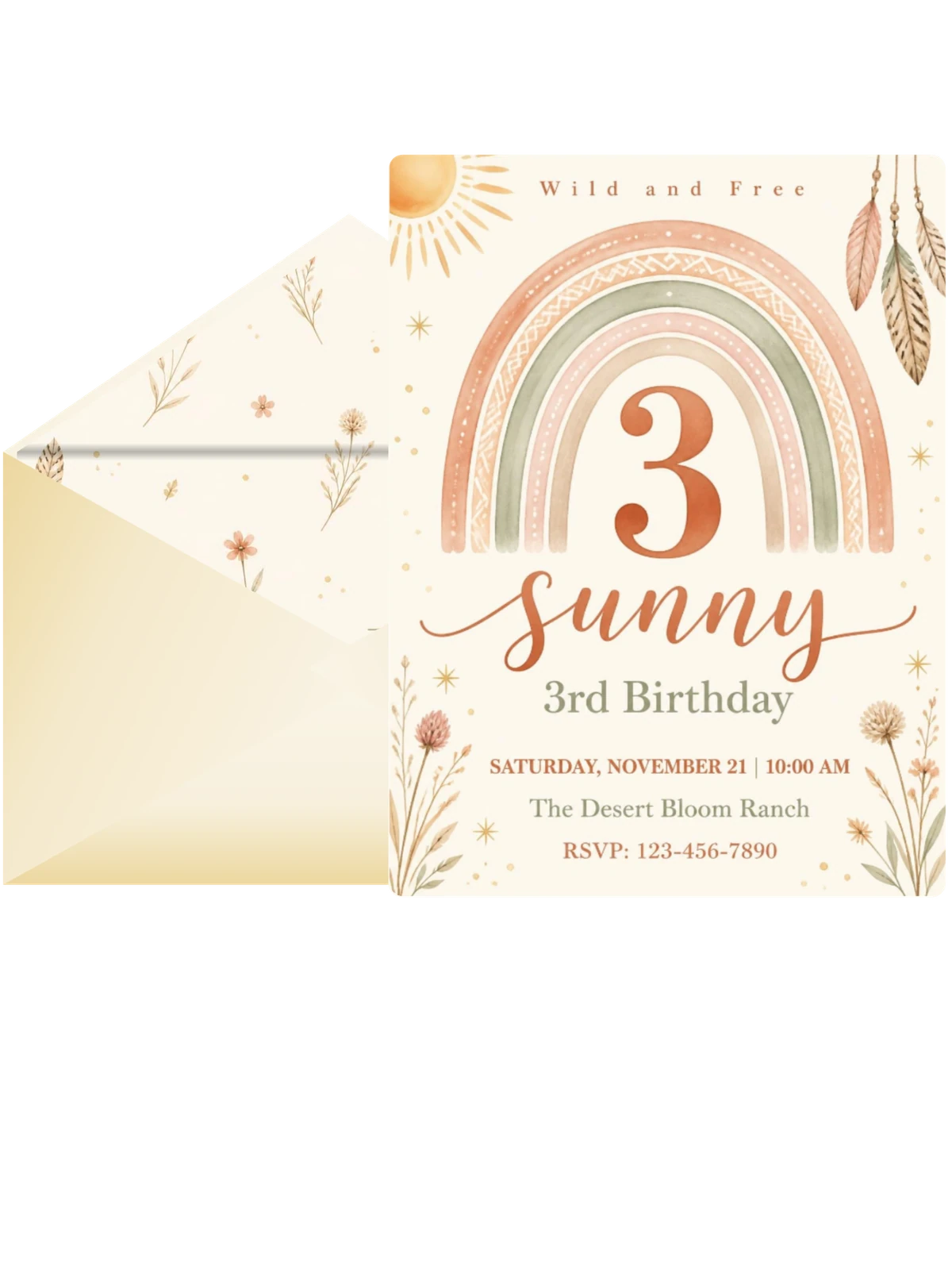 Terracotta Rainbow Wildflower 3rd Birthday Invitation