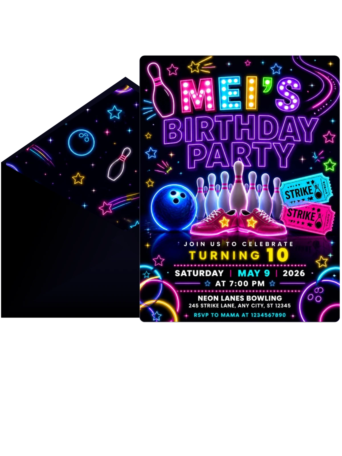 Neon Bowling 10th Birthday Invitation