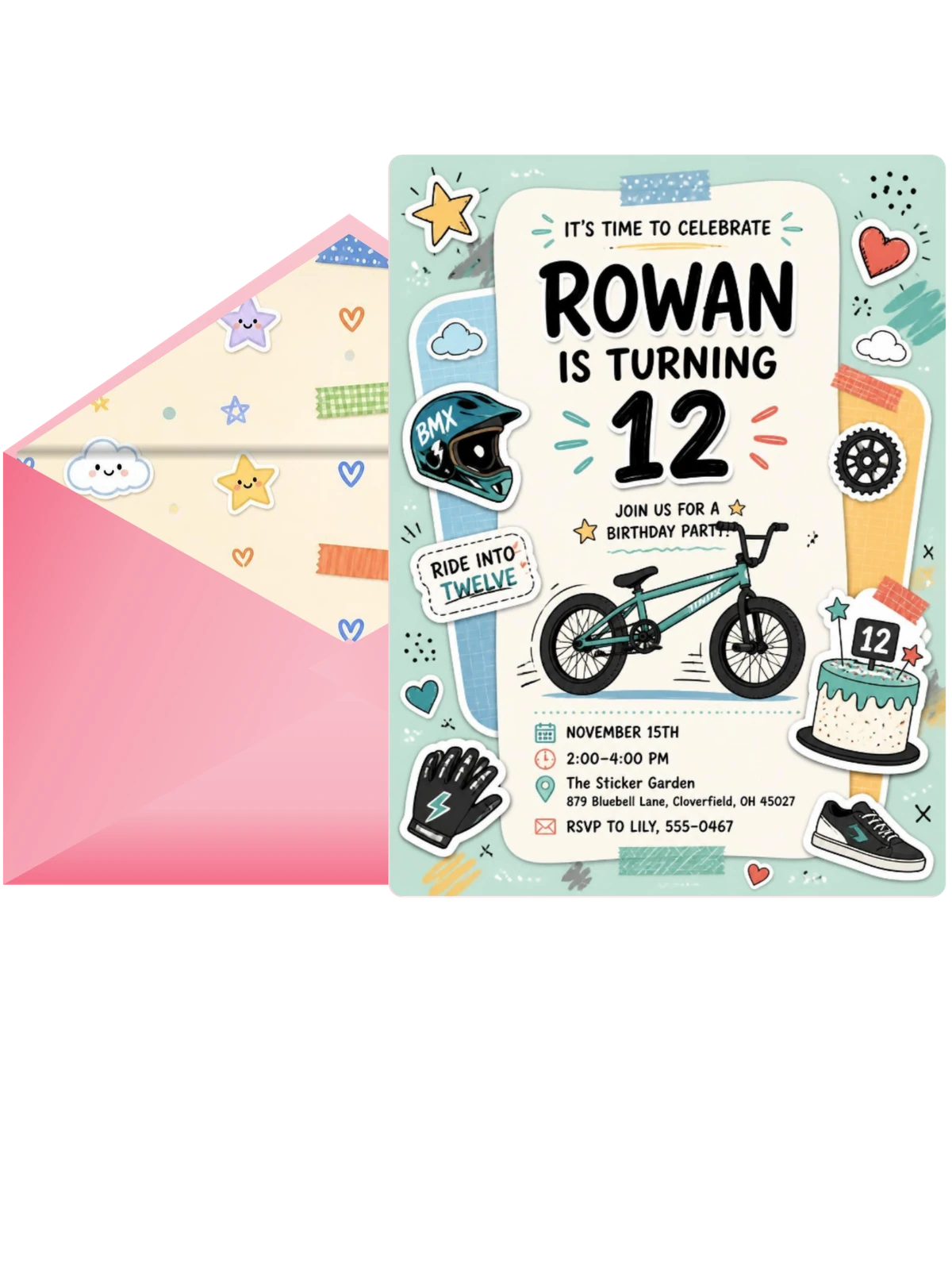Pastel BMX Bike 12th Birthday Invitation