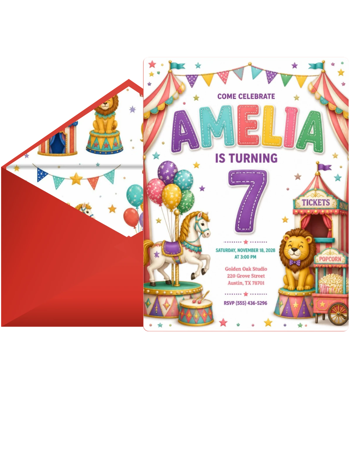 Stitched Circus 7th Birthday Invitation