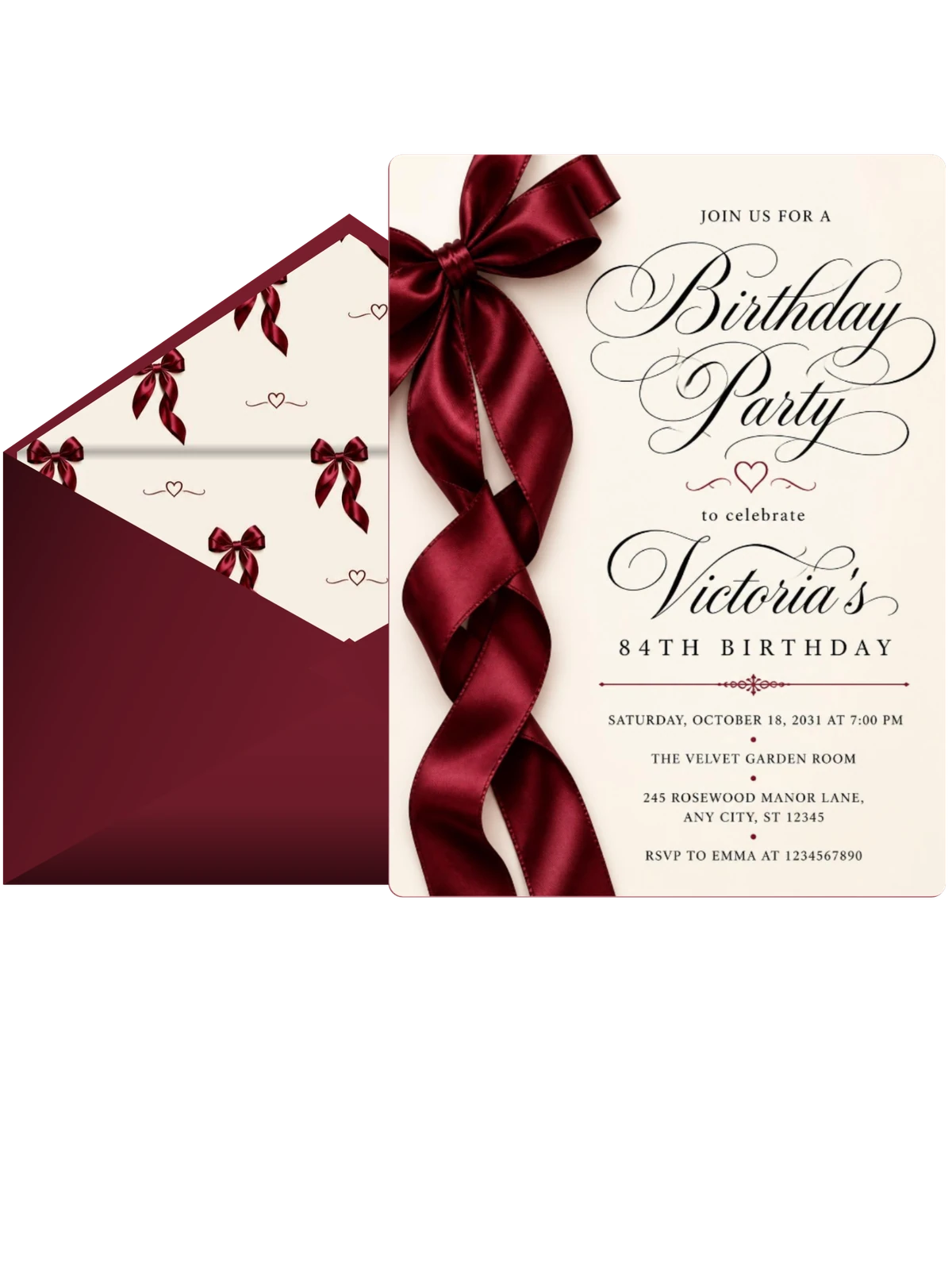 Burgundy Satin Bow 84th Birthday Invitation