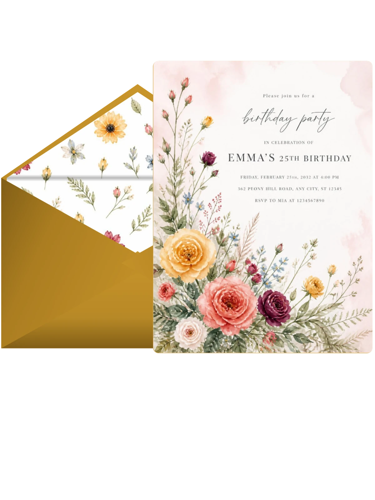 Wildflower Garden Golden 25th Birthday Invitation