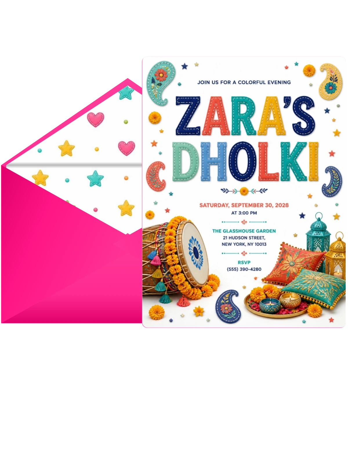 Embroidered Cushions Dholki Invitation