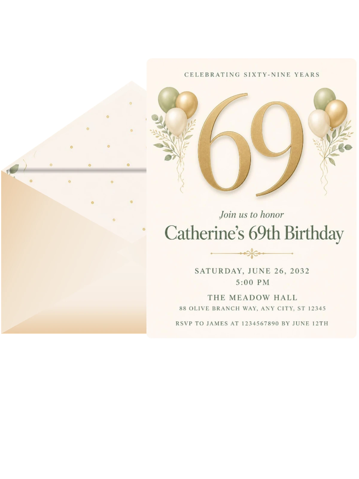 Sage and Ivory 69th Birthday Invitation
