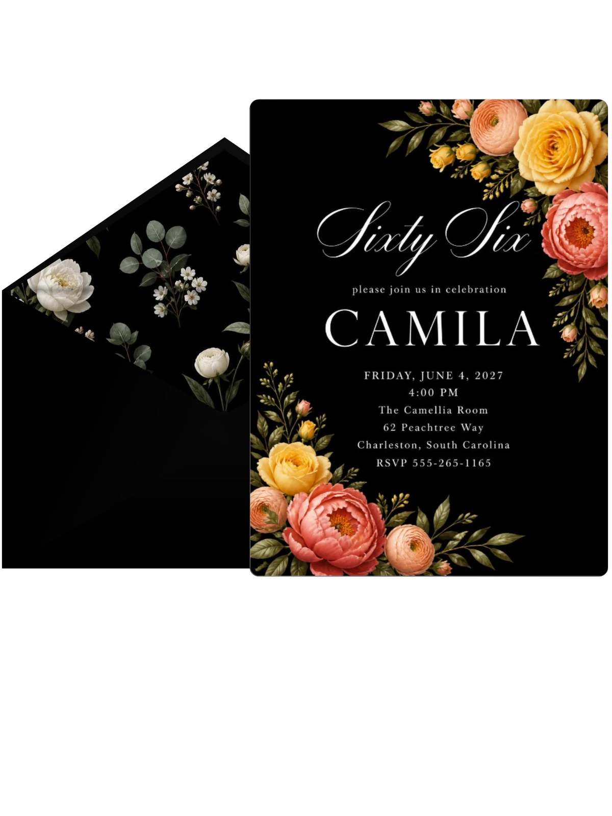 Black Floral 66th Birthday Invitation
