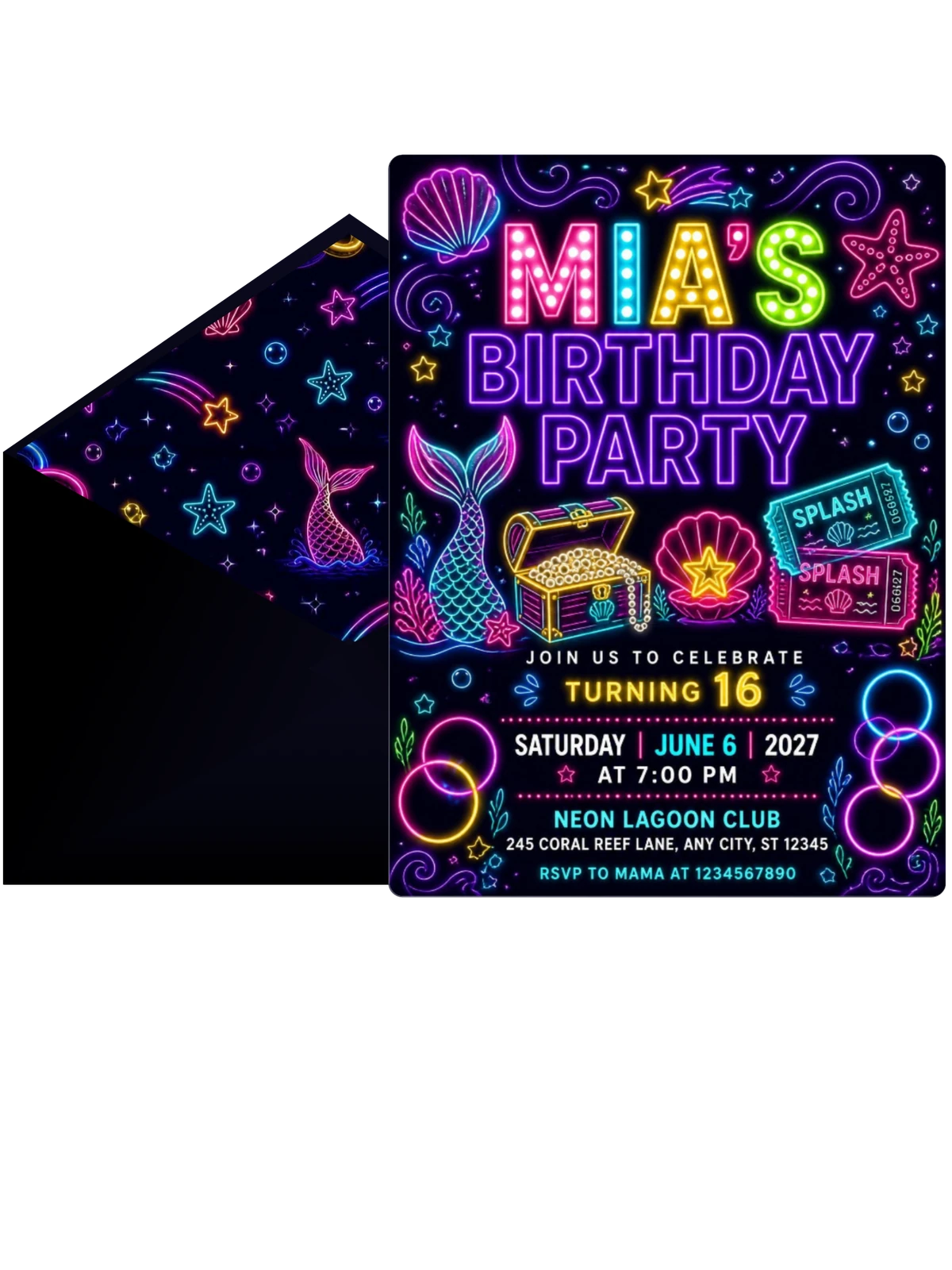 Neon Mermaid 16th Birthday Invitation