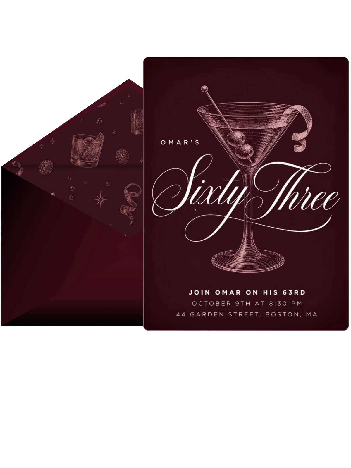 Burgundy Cocktail 63rd Birthday Invitation