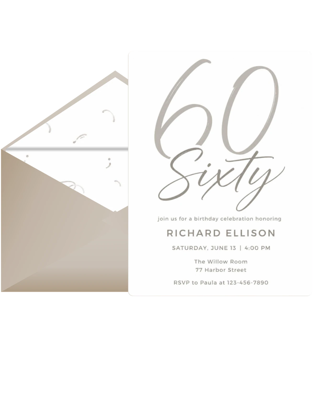 Taupe Brush-Stroke 60th Birthday Invitation