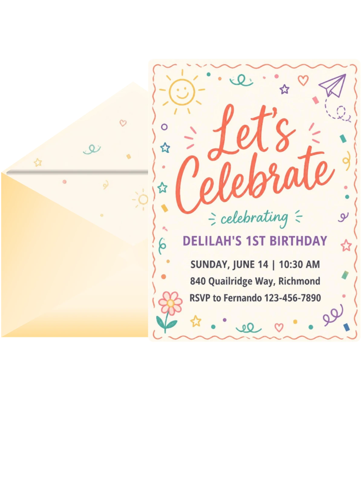 Multicolor Doodle 1st Birthday Invitation