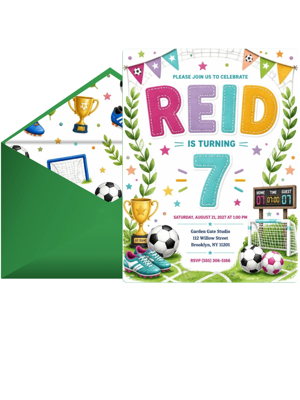 Stitched Soccer 7th Birthday Invitation