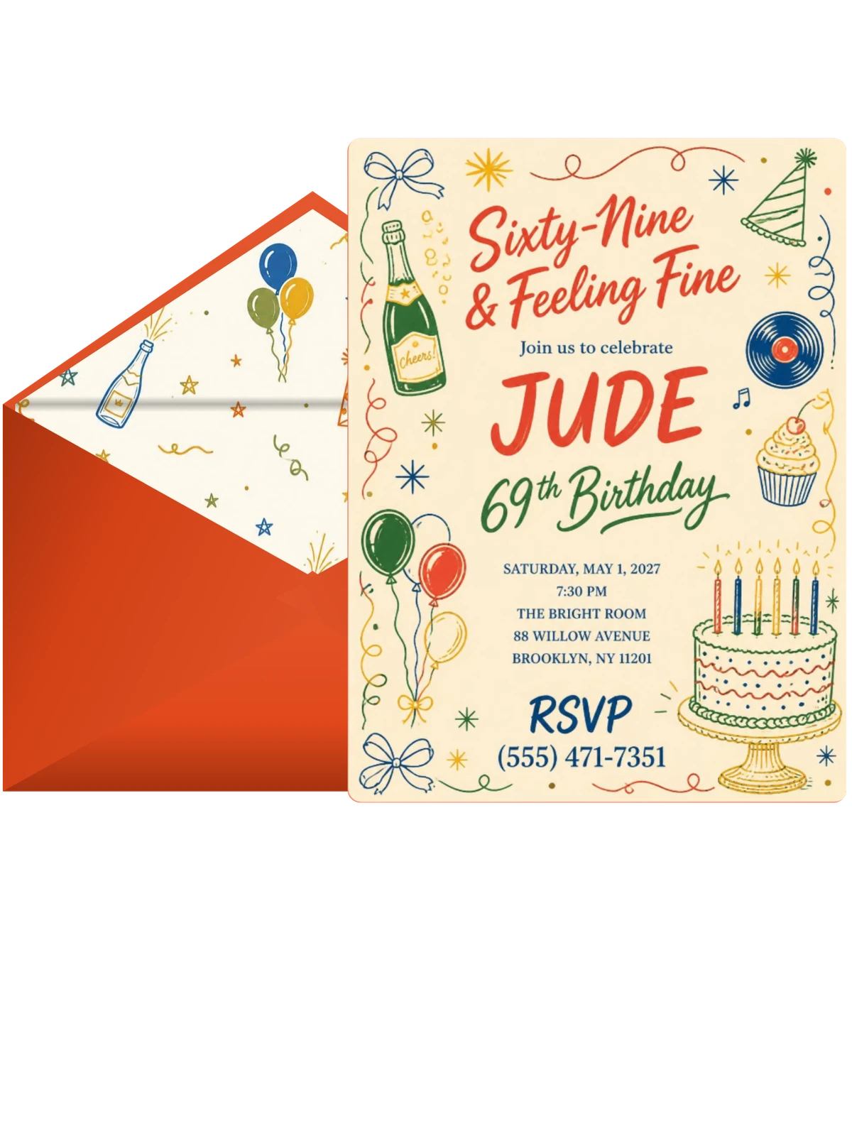 Retro Doodle 69th Birthday Invitation