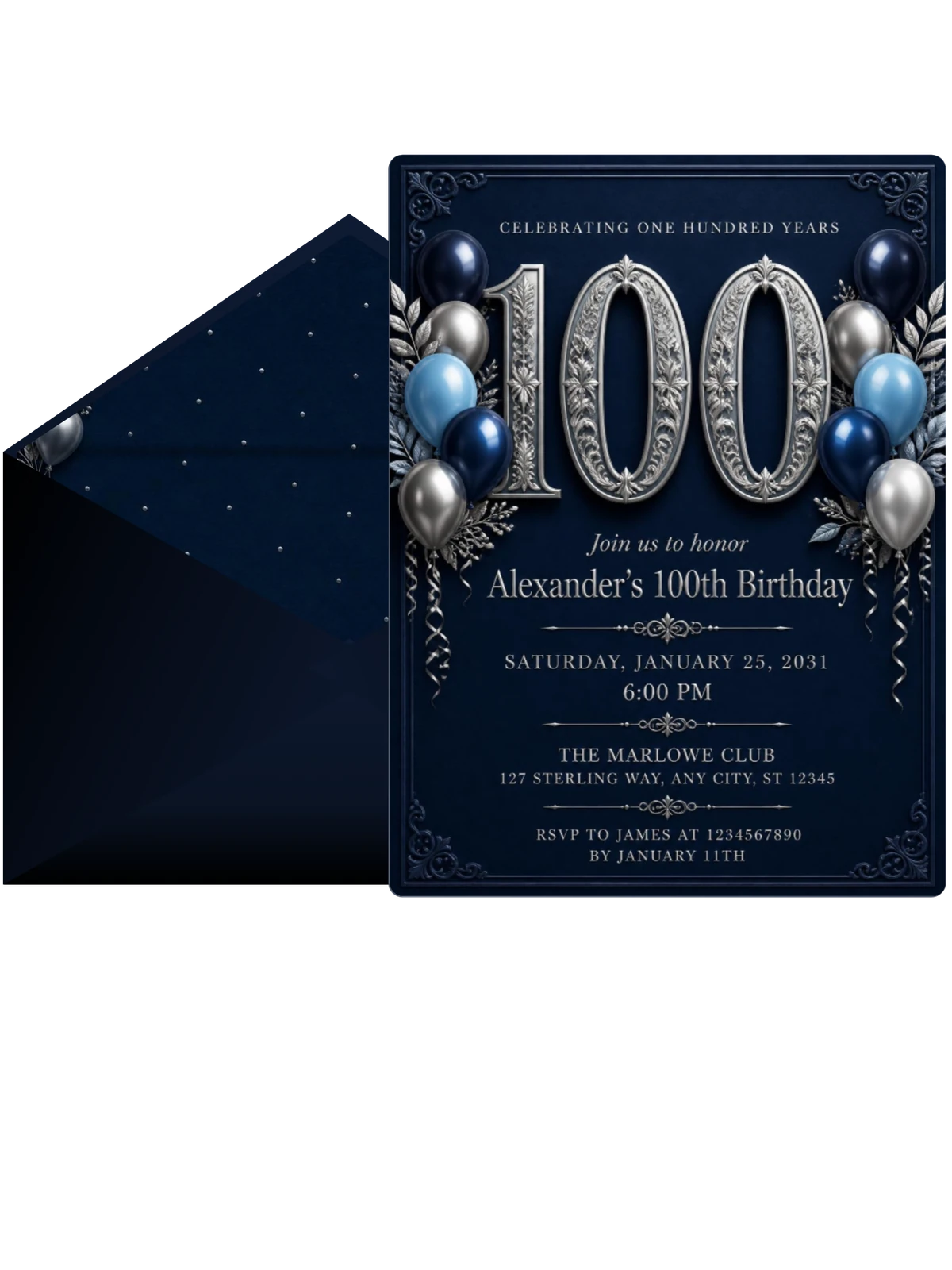 Navy and Silver 100th Birthday Invitation