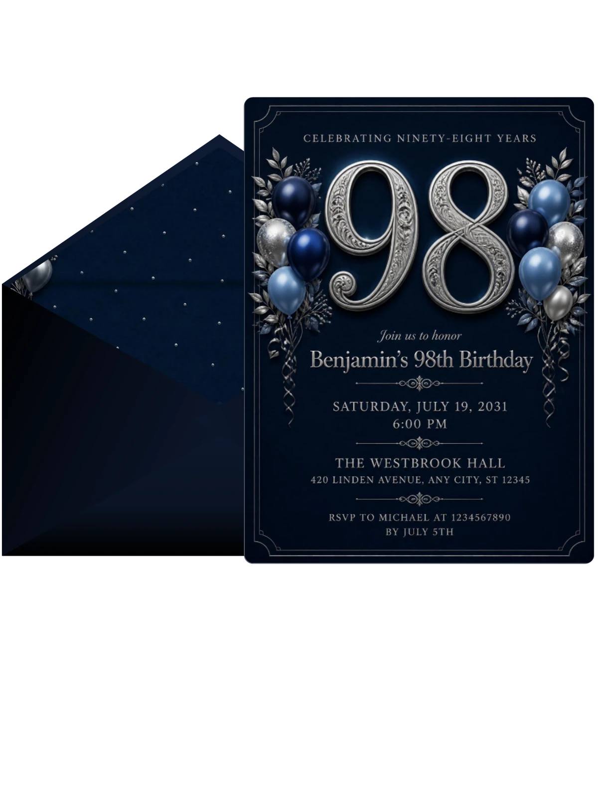 Navy and Silver 98th Birthday Invitation