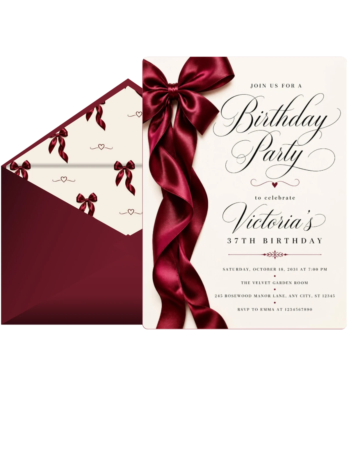 Burgundy Satin Bow 37th Birthday Invitation