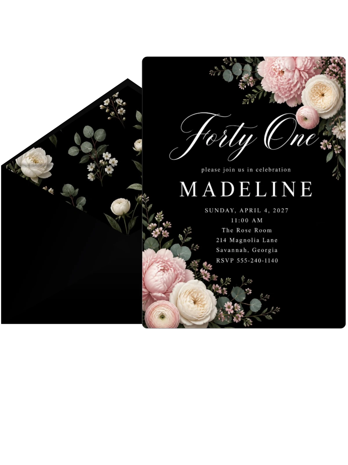 Black Floral 41st Birthday Invitation