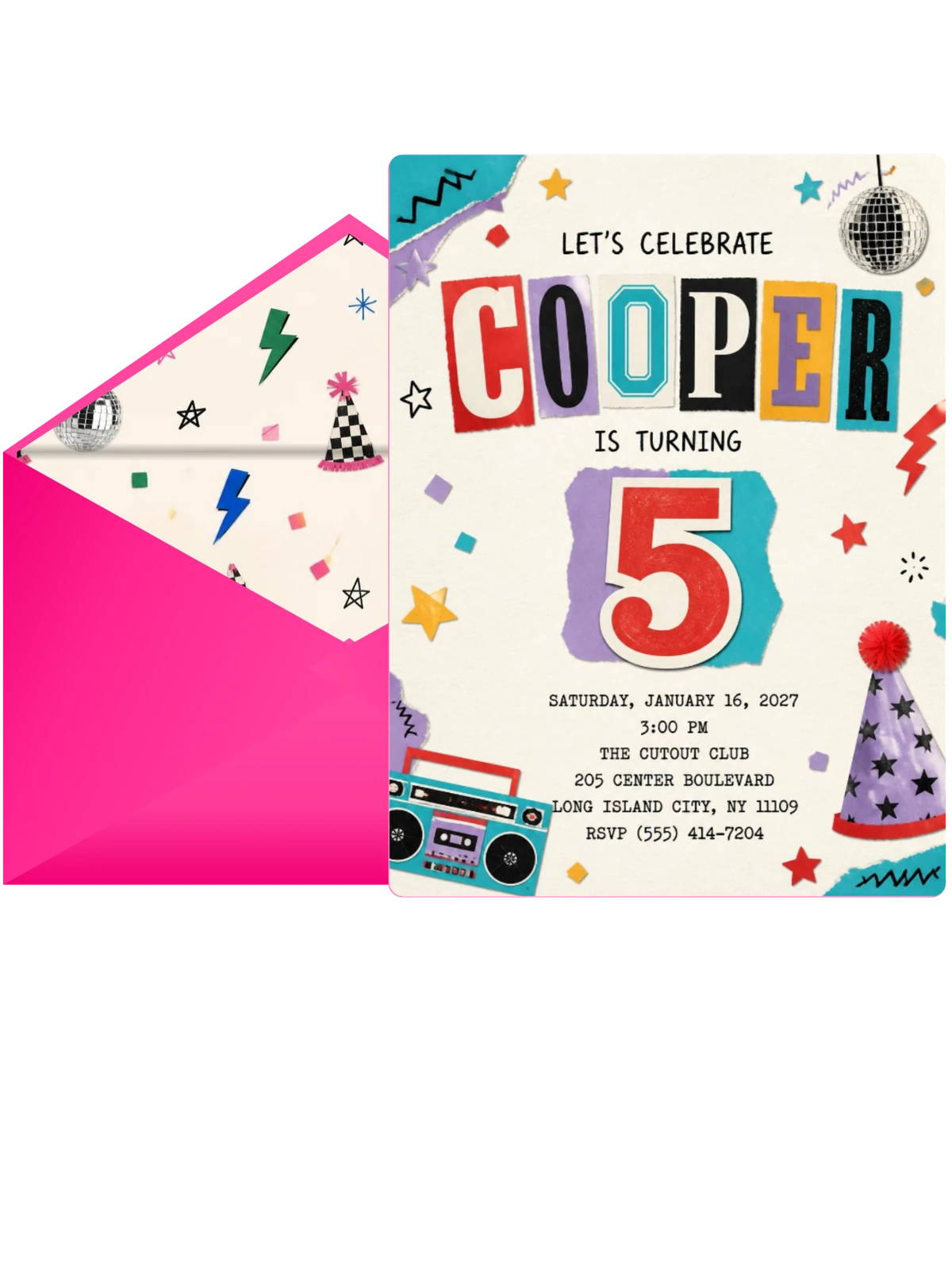 Retro Paper Collage 5th Birthday Invitation