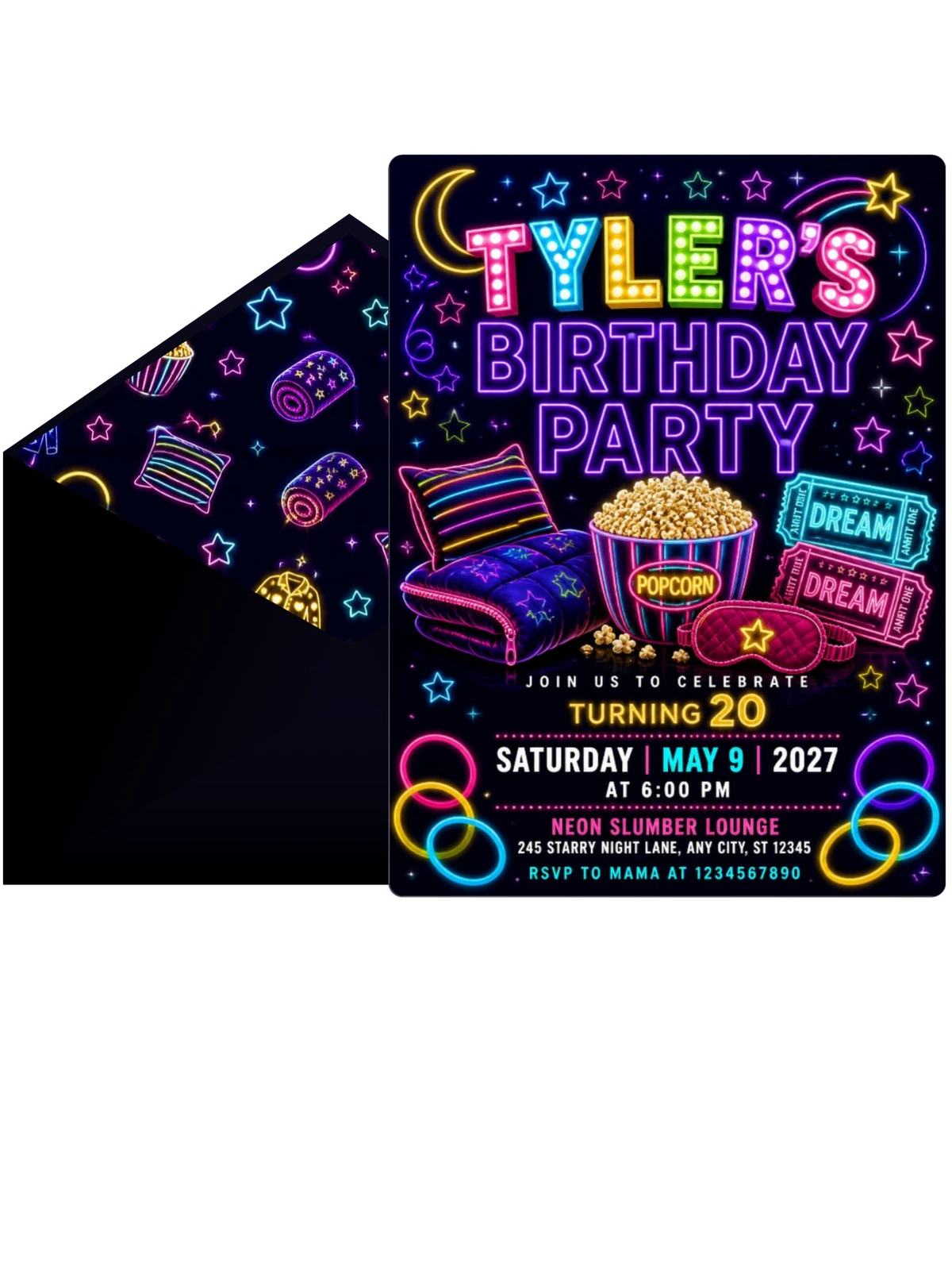 Neon Pajama 20th Birthday Invitation