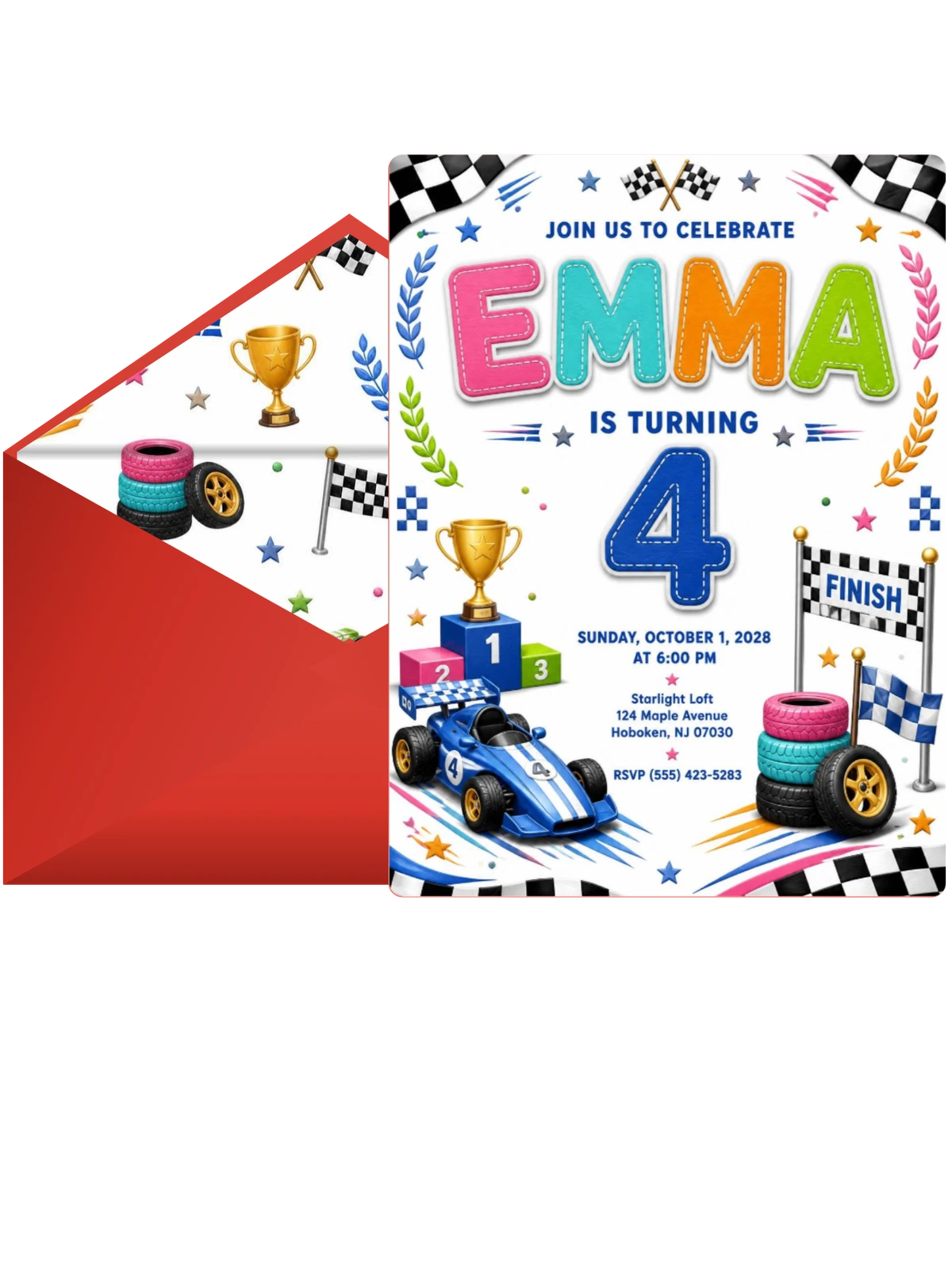 Stitched Race Car 4th Birthday Invitation