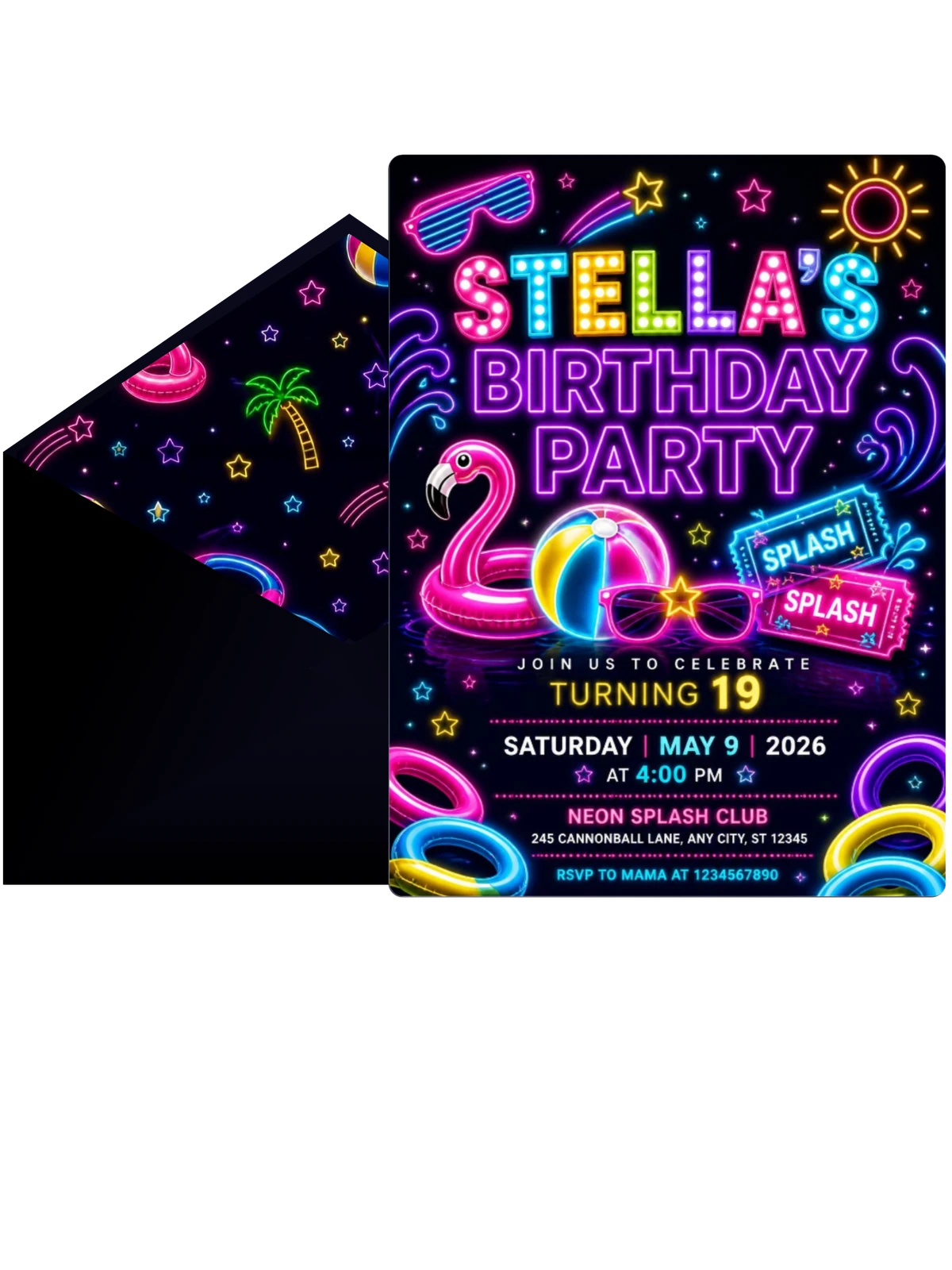 Neon Pool Party 19th Birthday Invitation
