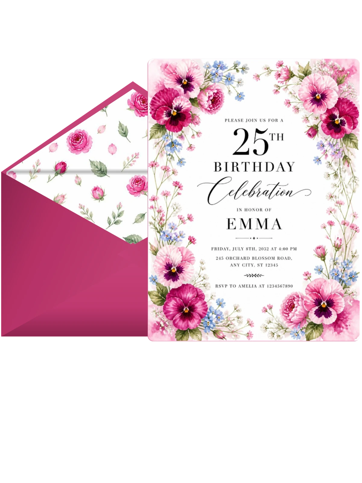 Fuchsia Pansy and Forget-Me-Not 25th Birthday Invitation