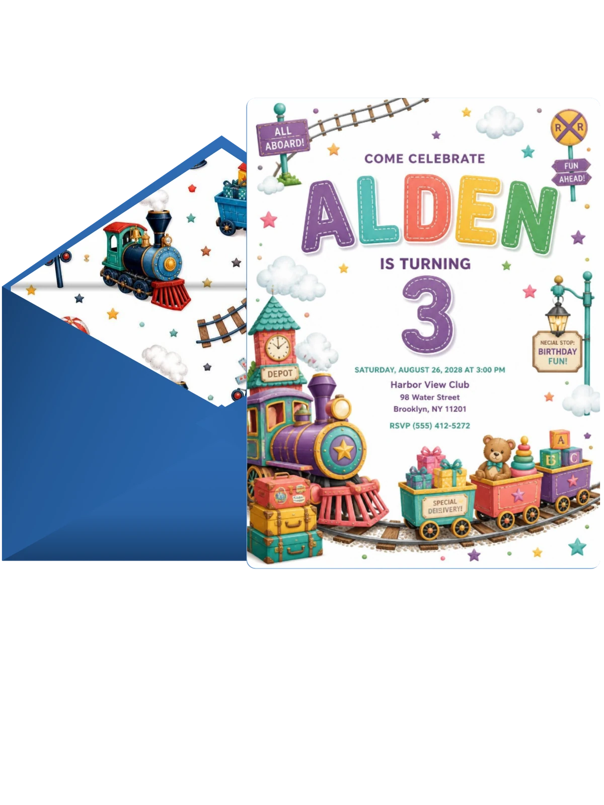 Stitched Train 3rd Birthday Invitation