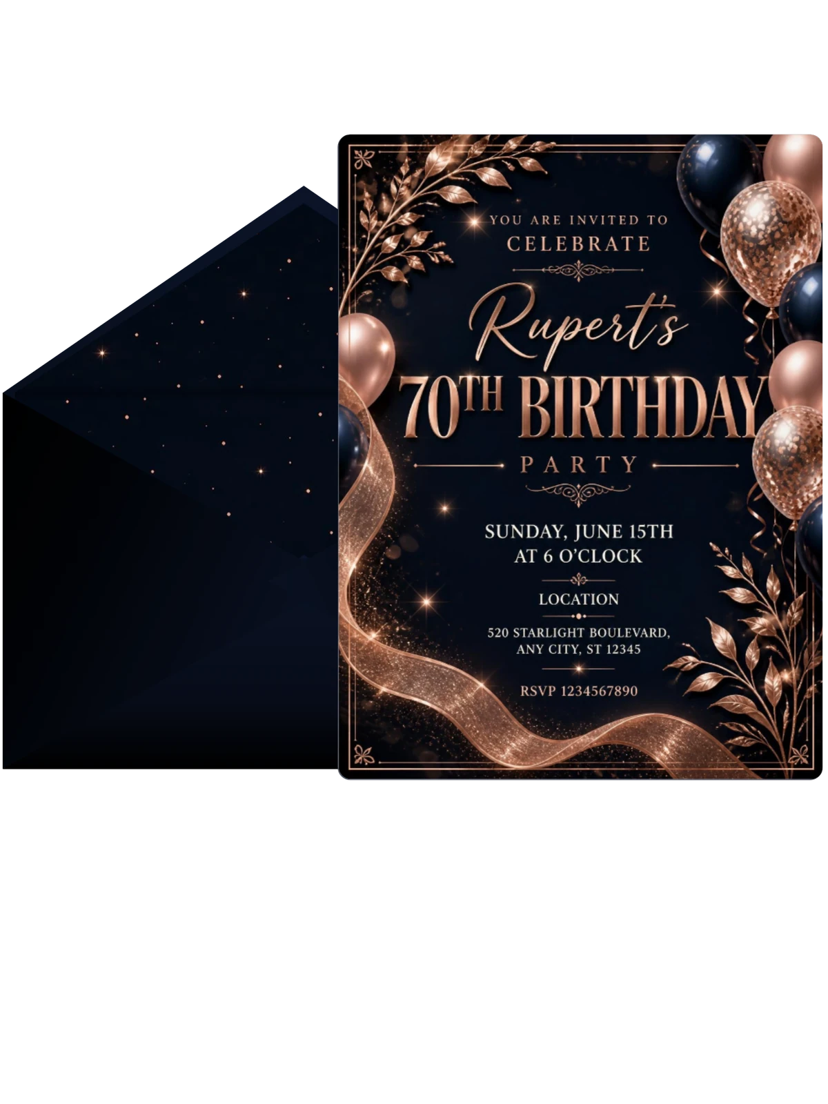 Navy and Rose Gold 70th Birthday Invitation