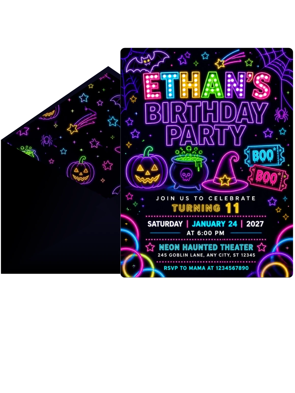Neon Halloween Glow 11th Birthday Invitation