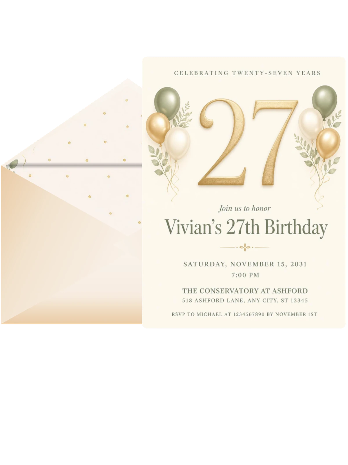 Sage and Ivory 27th Birthday Invitation