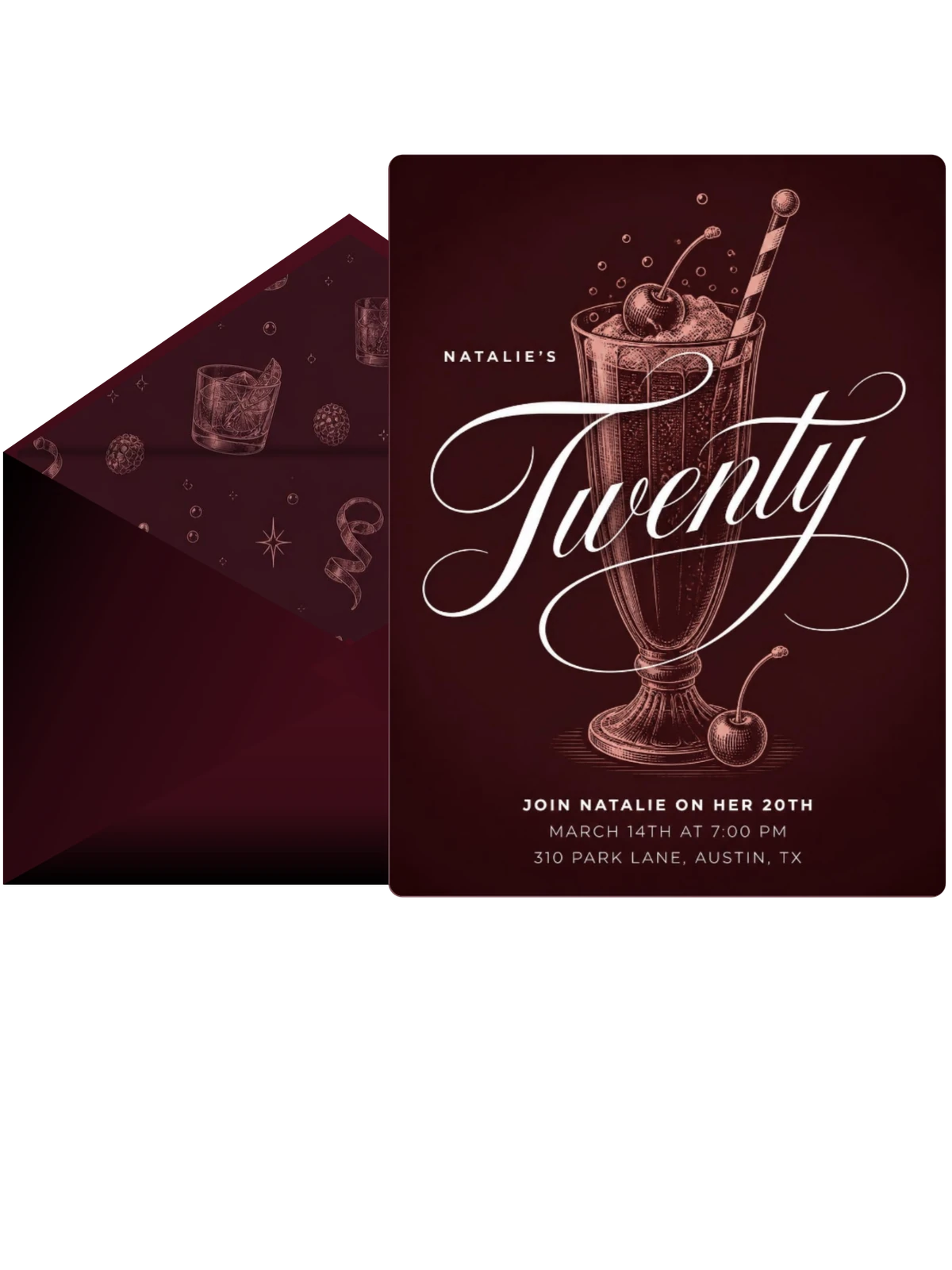 Burgundy Ice Cream Soda 20th Birthday Invitation