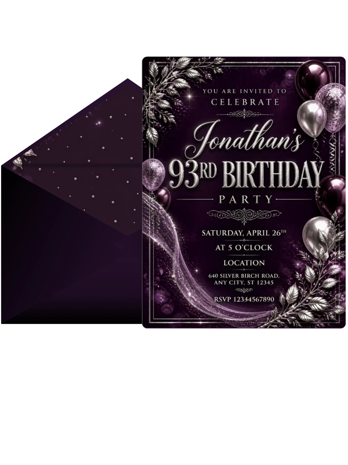 Plum and Silver 93rd Birthday Invitation
