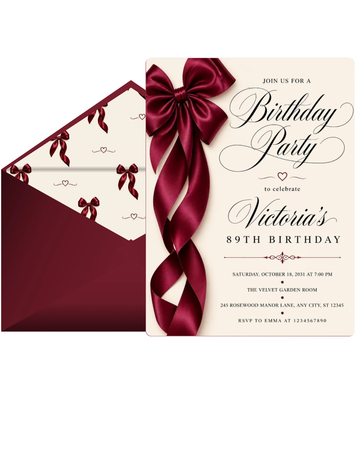 Burgundy Satin Bow 89th Birthday Invitation