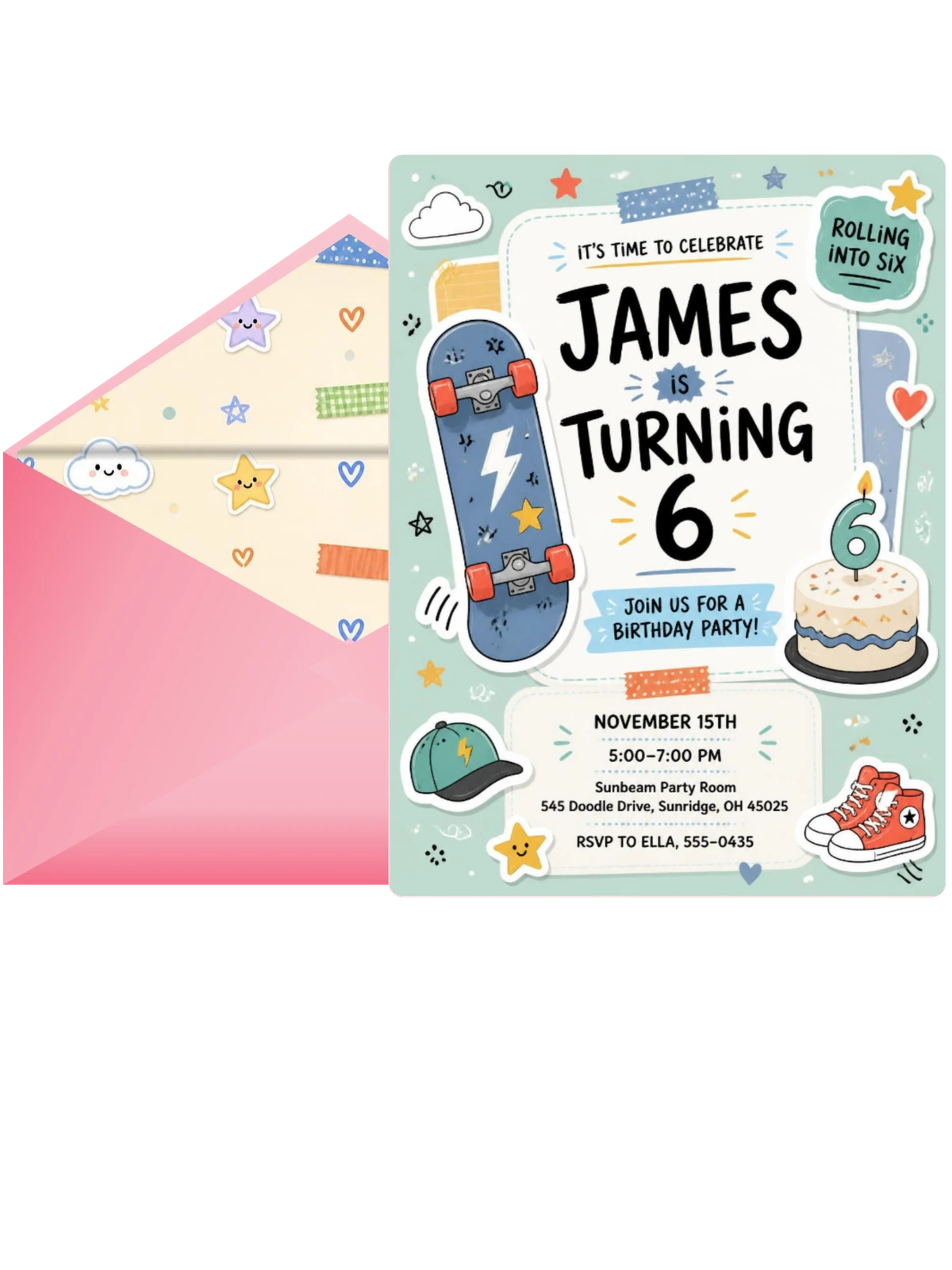 Skateboard Pastel 6th Birthday Invitation