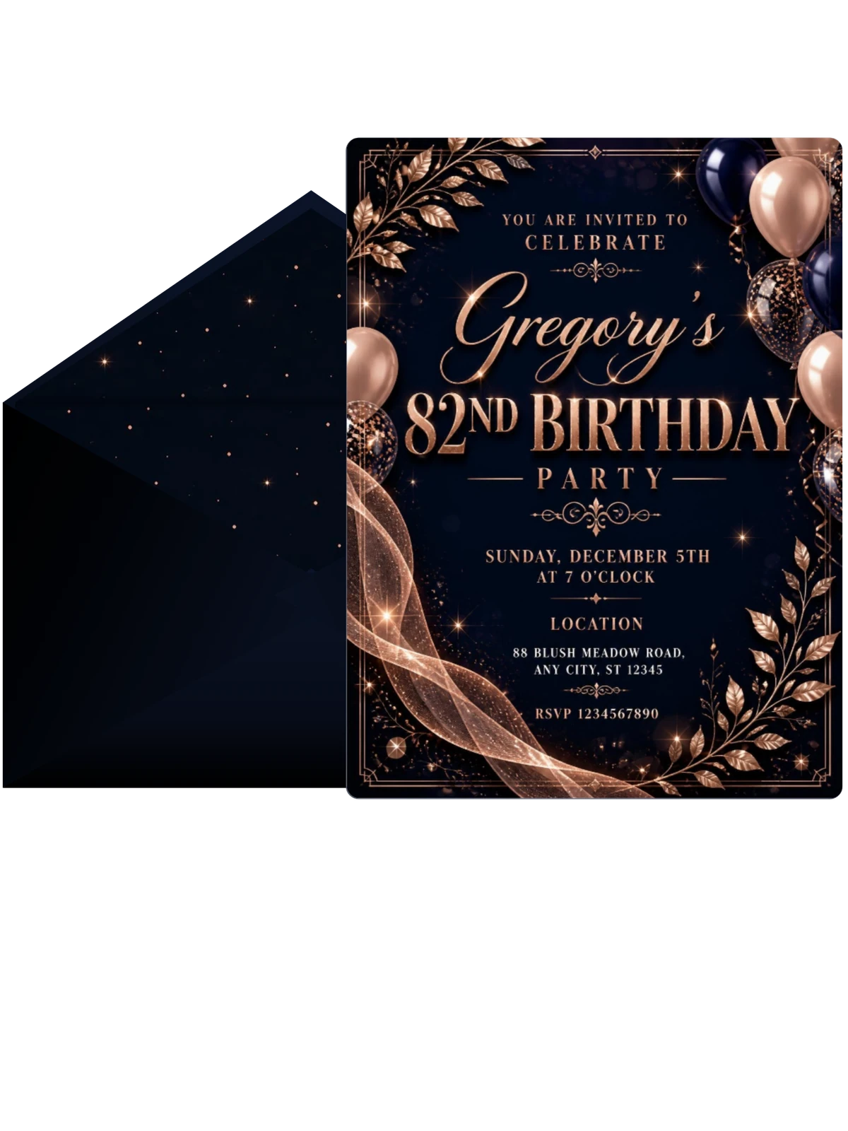 Navy and Rose Gold 82nd Birthday Invitation