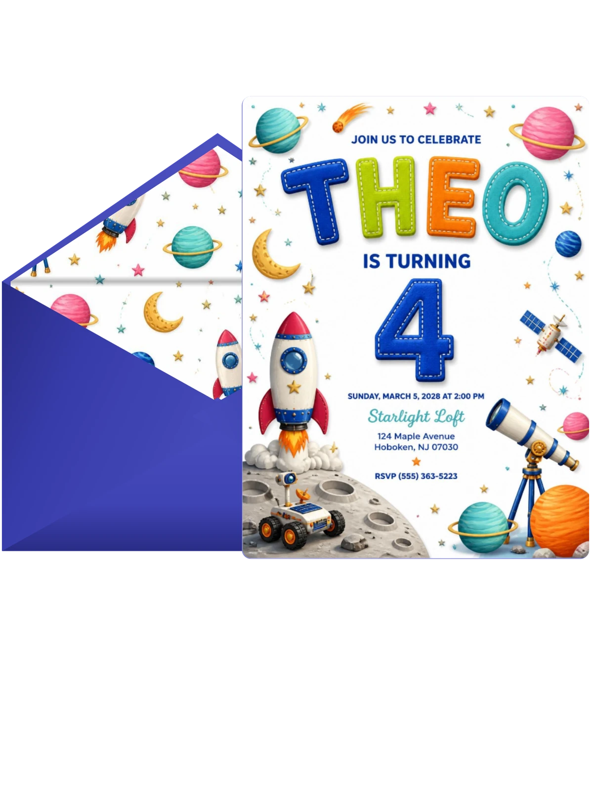 Stitched Space 4th Birthday Invitation