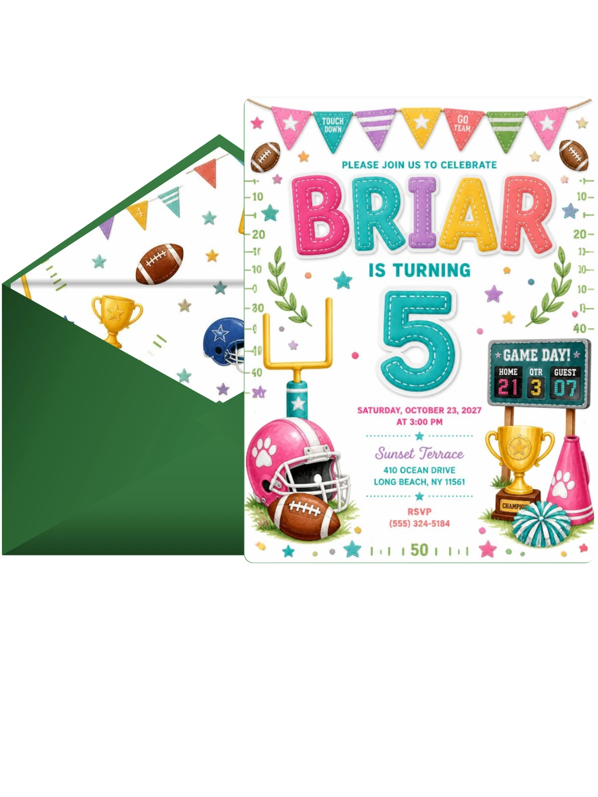 Stitched Football 5th Birthday Invitation