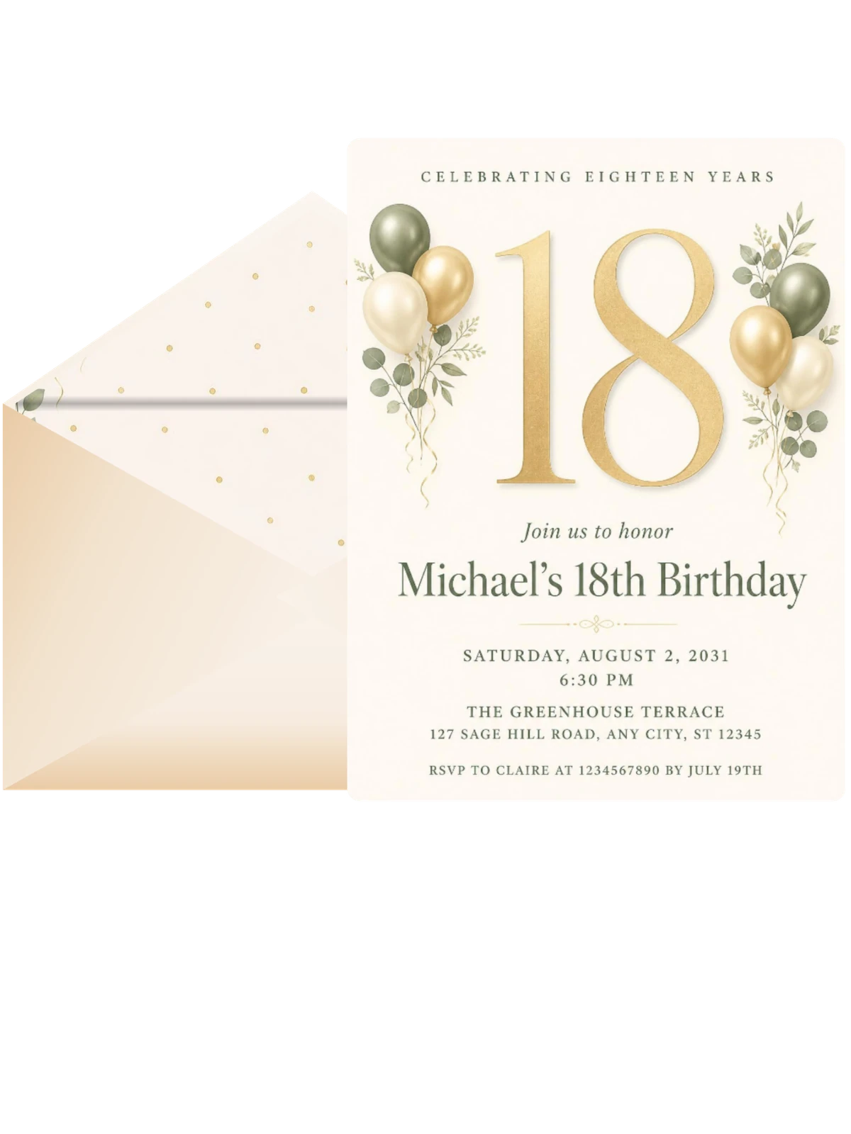 Sage and Ivory 18th Birthday Invitation