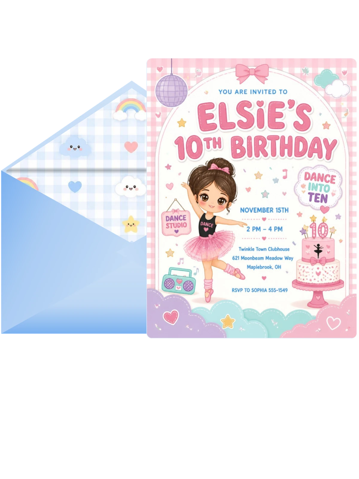 Ballerina Kawaii 10th Birthday Invitation