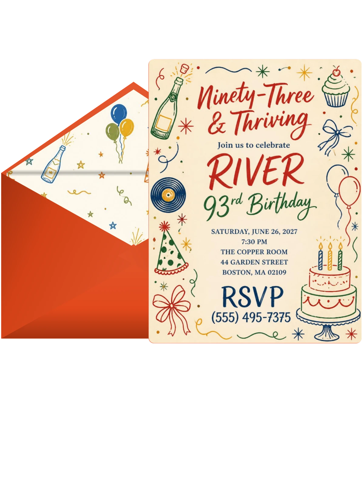 Retro Doodle 93rd Birthday Invitation