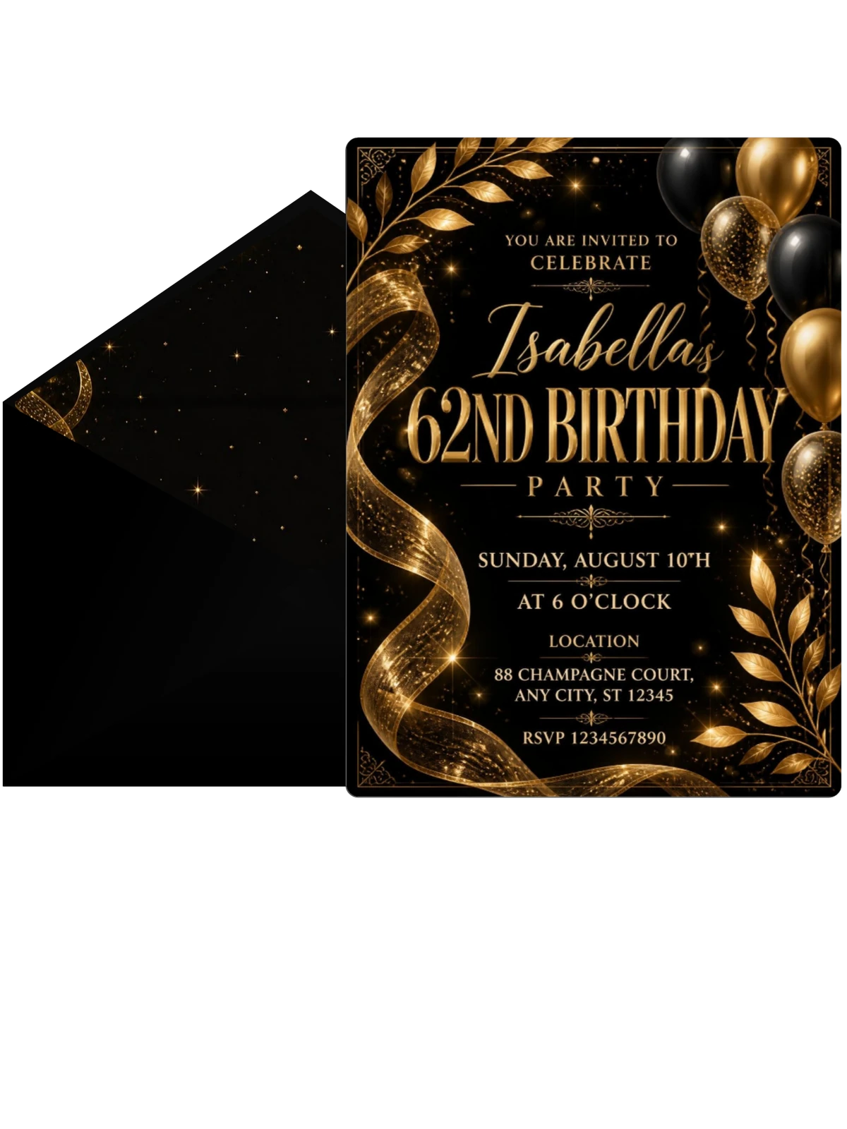 Black and Gold 62nd Birthday Invitation